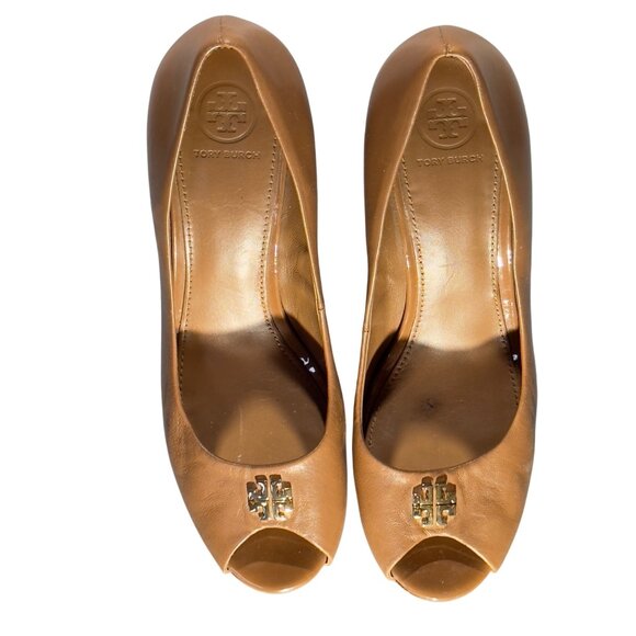 TORY BURCH Jolie Women's Tan Leather Peep Toe Wedge Heels Size 9.5M - Picture 2 of 10